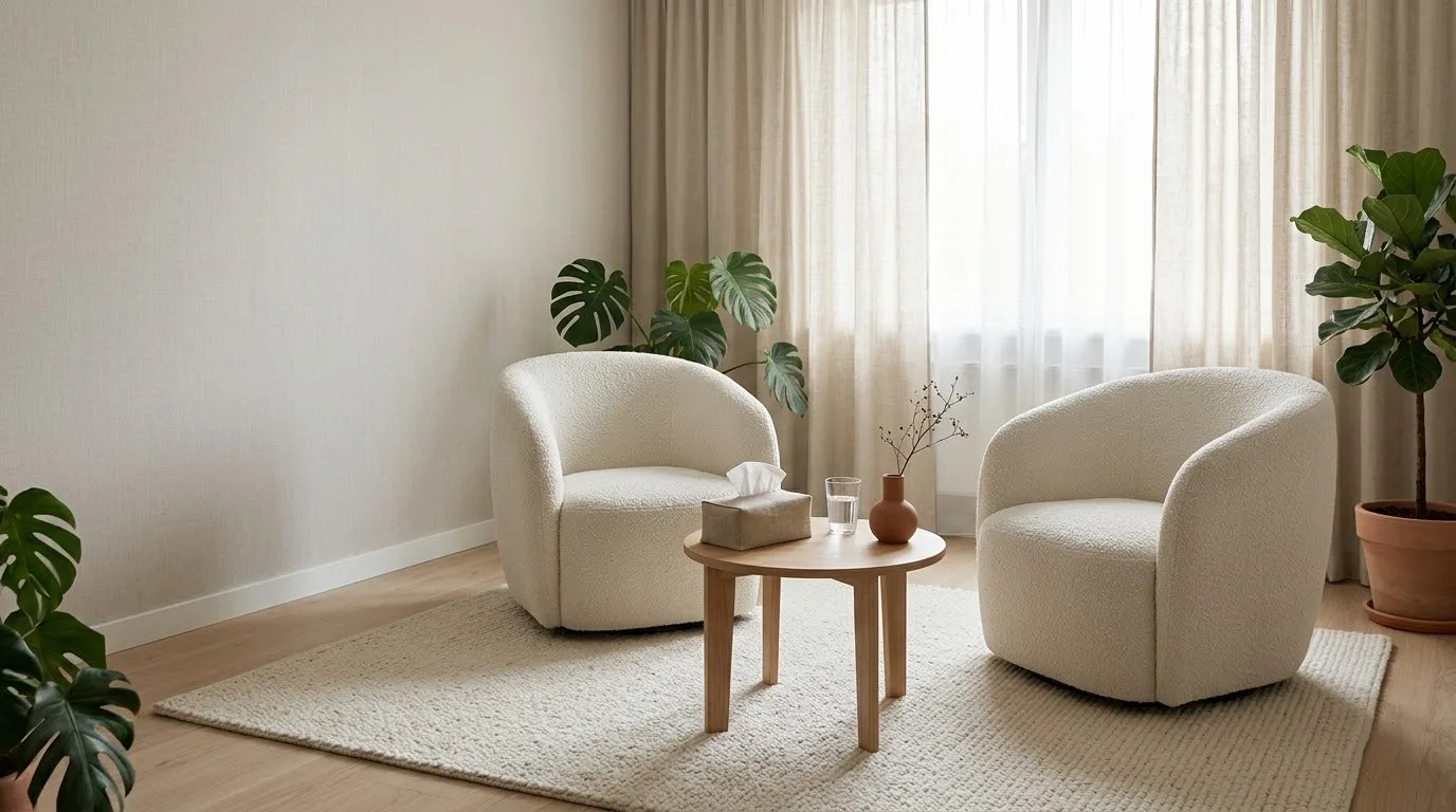 Consultório com duas poltronas claras, mesinha de madeira, plantas e luz natural
