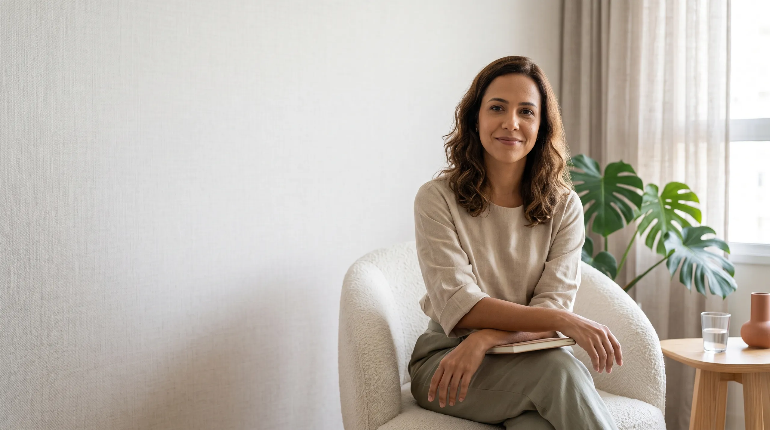 Clara Monteiro, psicóloga, sentada em uma poltrona clara no consultório, com luz natural da janela