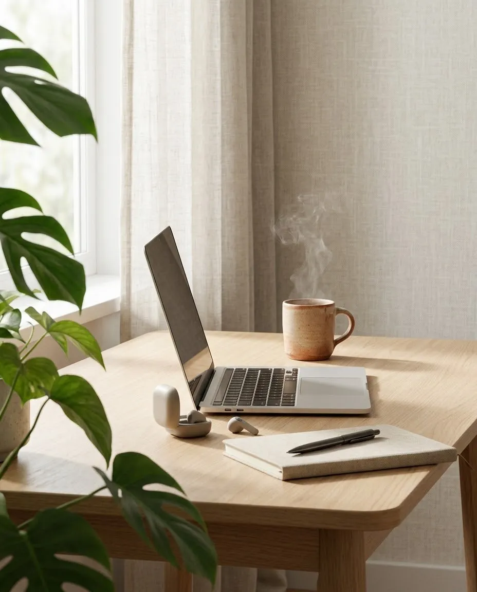 Notebook, fone de ouvido e caneca de chá sobre uma mesa de madeira perto da janela